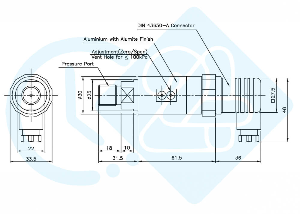 ابعاد و اندازه سنسور فشار سنسیس مدل PSHH00.1BIIG
