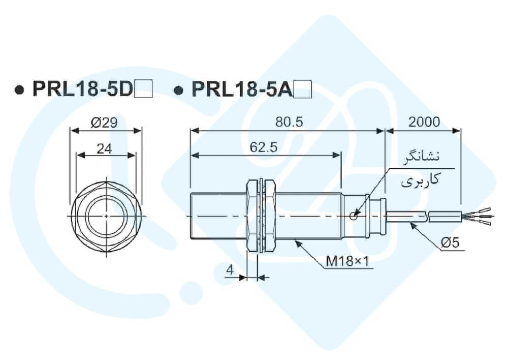 ابعاد و اندازه سنسور القایی آتونیکس مدل PRL18-5AO