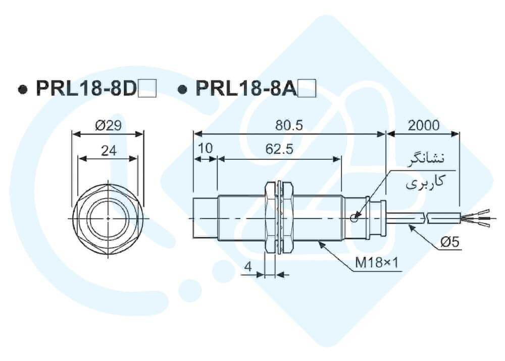 ابعاد و اندازه سنسور القایی آتونیکس مدل PRL18-8AO