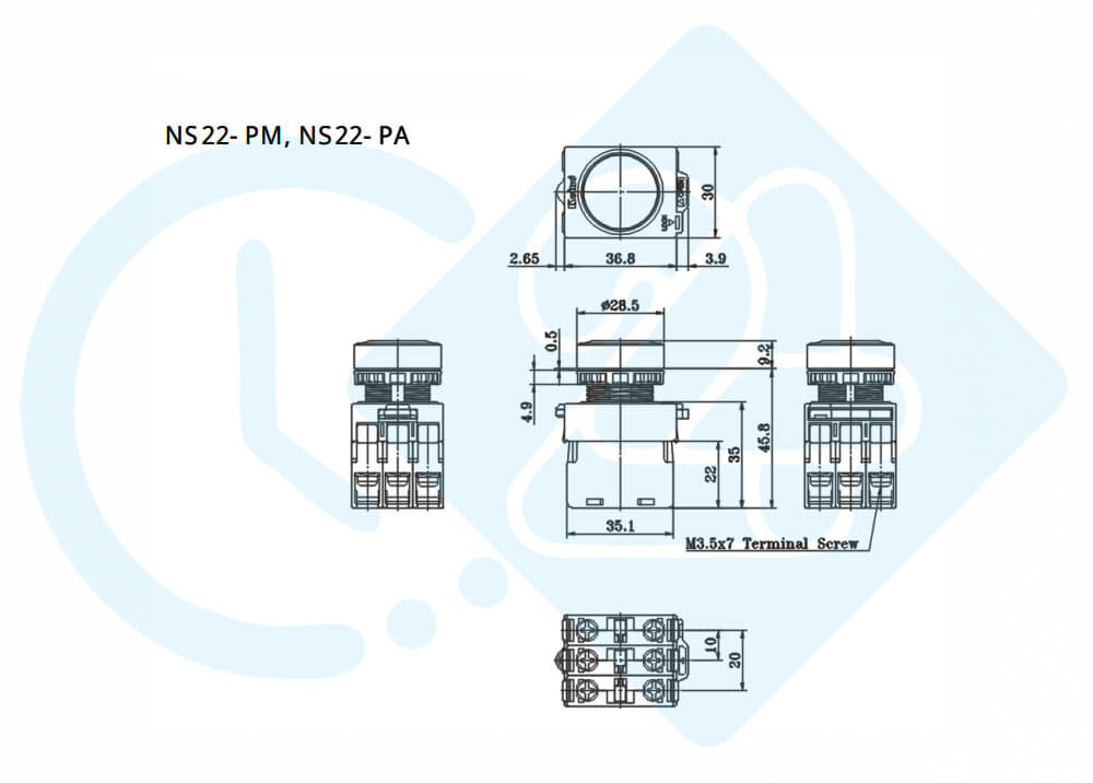 ابعاد و اندازه پوش باتن کوینو مدل NS22-PEM-R0A01B