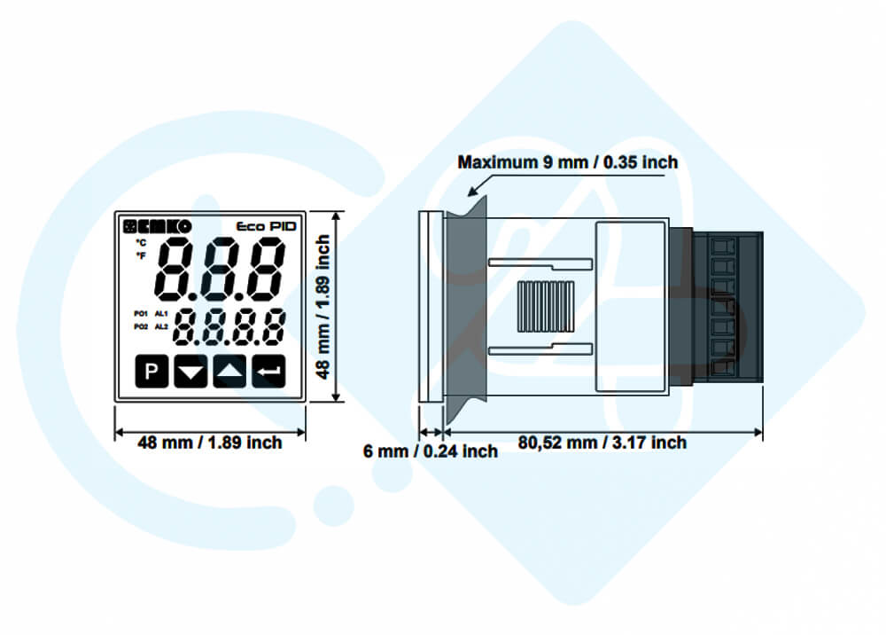ابعاد و اندازه کنترل دما و رطوبت امکو مدل ecoPID.4.6.2R.S.0