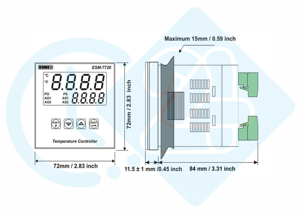 ابعاد و اندازه کنترل دما و رطوبت امکو مدل ESM-4410.5.03.1