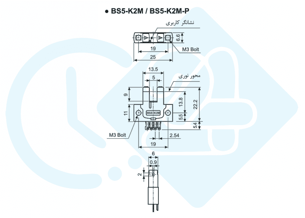 ابعاد و اندازه سنسور نوری آتونیکس مدل BS5-K2M-P