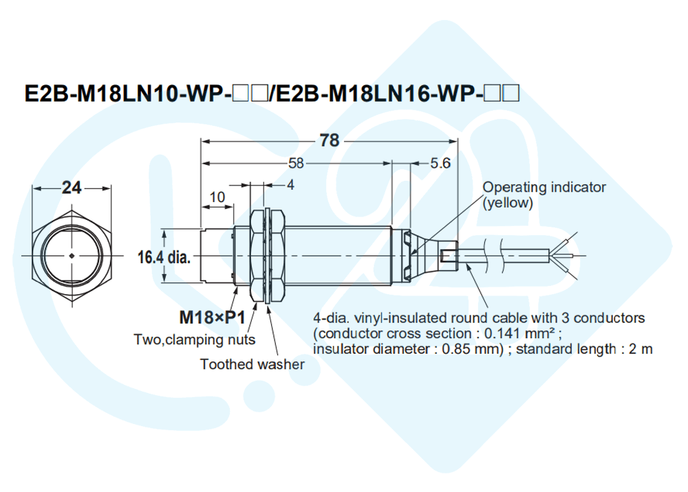 ابعاد و اندازه سنسور القایی امرون مدل E2B-M18LN08-WP-B1