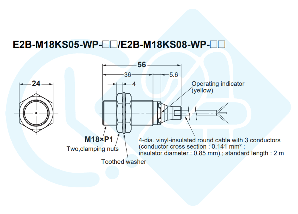 ابعاد و اندازه سنسور القایی امرون مدل E2B-M18KS05-WP-B2