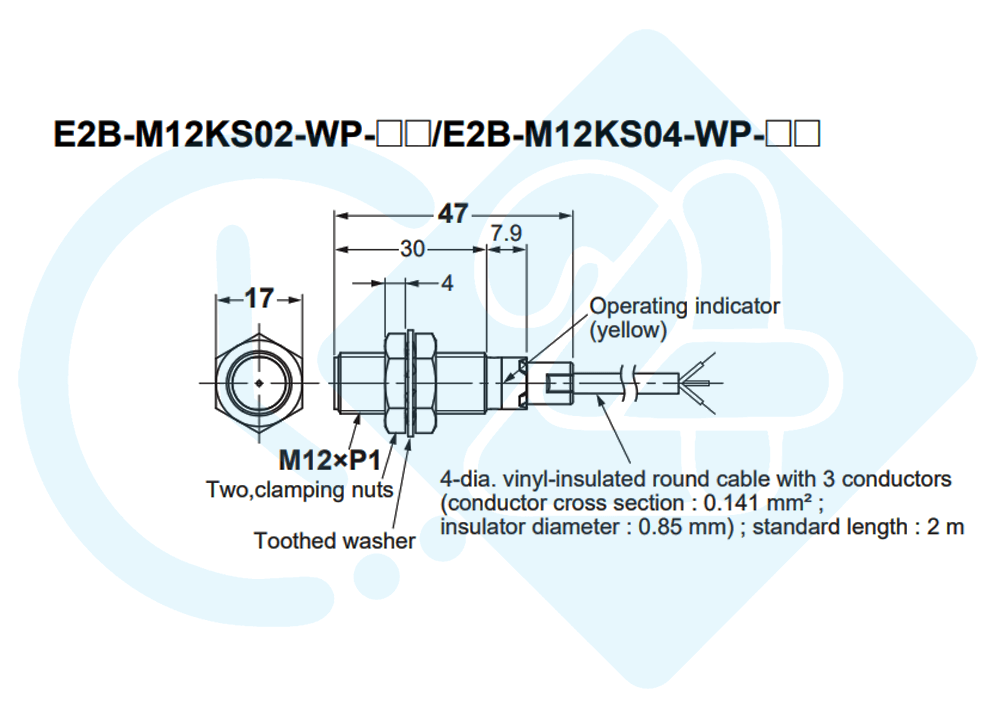 ابعاد و اندازه سنسور القایی امرون مدل E2B-M12KS02-WP-B2
