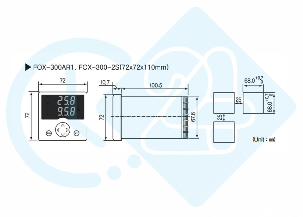 ابعاد و اندازه کنترل دما و  نشانگر رطوبت کنوتک مدل FOX-300-2S